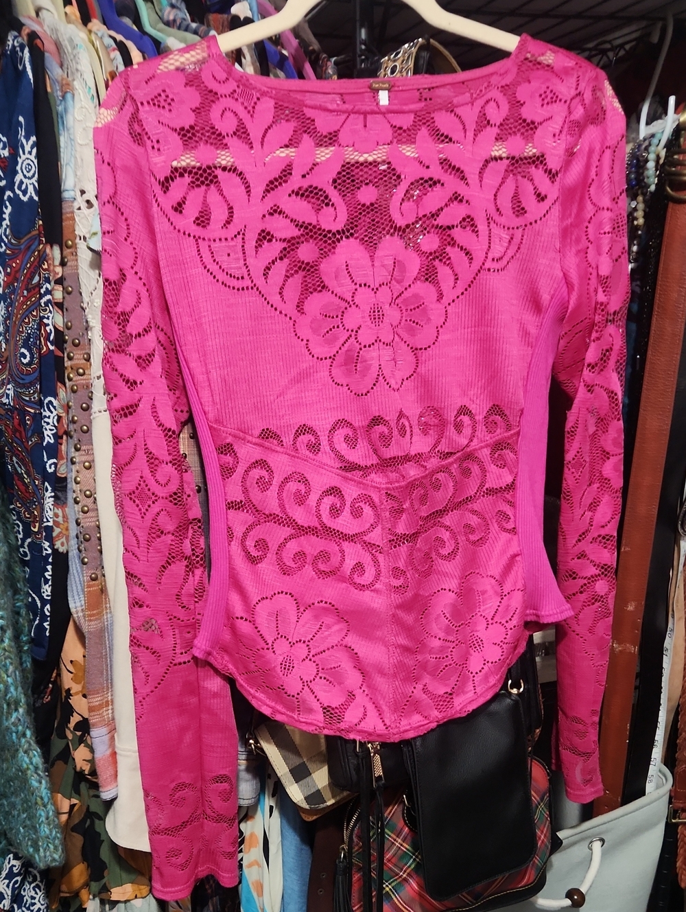 Free People Fuchsia Laser-Cut Lace Long Sleeve Top